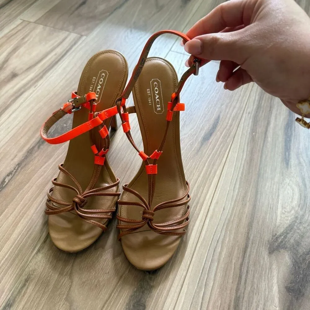 Coach Womens Fluorescent Orange Tan Lana Leather Strappy Heel Sandal Size 7.5